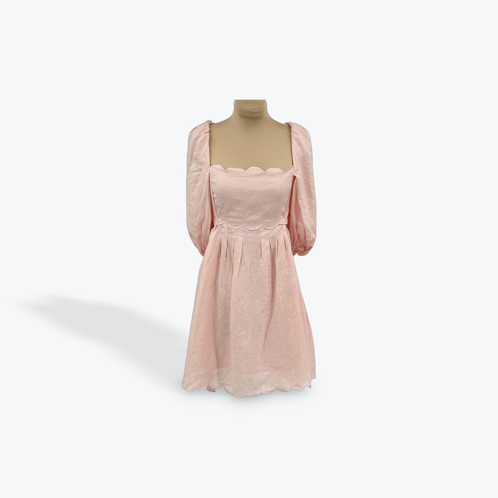 Mable Pink Linen Dress Open‎ Back Puff Sleeve Scalloped Hem Square Neck Large